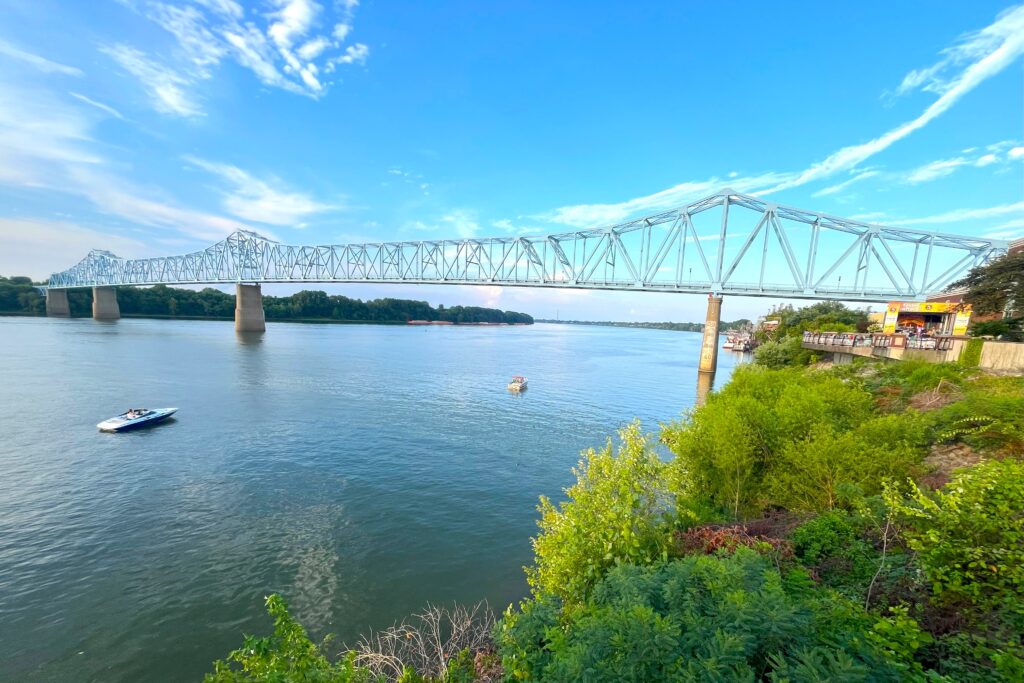 A view of the bridge with a Friday After 5 stage in front.